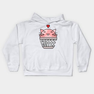 Happy cat in coffee cup with warped text heart on head pink Kids Hoodie